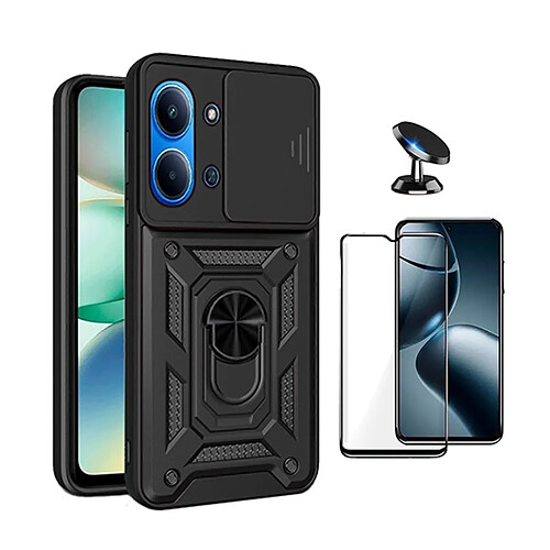 Kit De Film En Verre Trempé À Coque Complète 5D + Couvercle Coulissant De Défenseur Militaire Magnétique + Support Magnétique De Voiture PHONECARE Pour Xiaomi Redmi 15C 4G - Noir