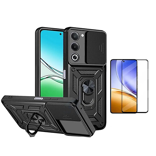Kit De Film En Verre Trempé À Coque Complète 5D + Couvercle Coulissant De Défenseur Militaire Magnétique PHONECARE Pour Oppo A5 4G - Noir