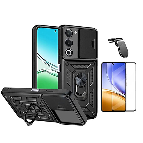 Kit De Film En Verre Trempé À Coque Complète 5D + Couvercle Coulissant De Défenseur Militaire Magnétique + Support Magnétique L De Voiture Pour Conduite Sûre PHONECARE Pour Oppo A5 5G - Noir