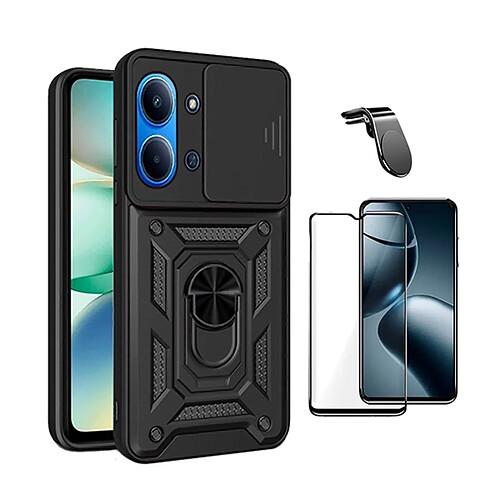 Kit De Film En Verre Trempé À Coque Complète 5D + Couvercle Coulissant De Défenseur Militaire Magnétique + Support Magnétique L De Voiture Pour Conduite Sûre PHONECARE Pour Xiaomi Redmi 15C - Noir