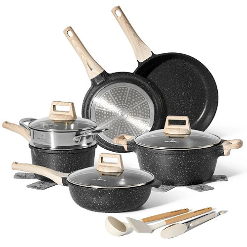 Batterie de cuisine 10 pièces avec cuiseur à vapeur Antiadhésif en Granit noir Just perfecto JL-30