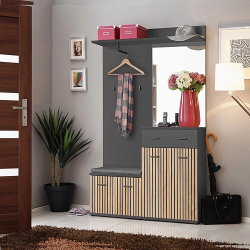 Paris Prix Ensemble Vestiaire 4P Miroir & Coussin Marco 203cm Naturel & Gris