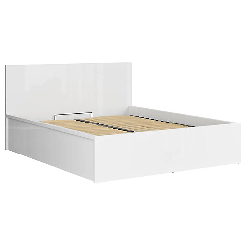 Pegane Lit coffre 160x200 avec sommier et rangement, coloris Blanc brillant - Longueur 204,5 x Profondeur 169 x Hauteur 95/40,5 cm