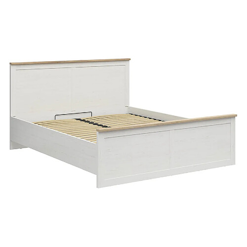 Pegane Lit coffre 180x200 lit adulte 2 places avec sommier et rangement, coloris Blanc pin andersen/Chêne clair - Longueur 208,5 x Profondeur 185 x Hauteur 110,5/57,5 cm