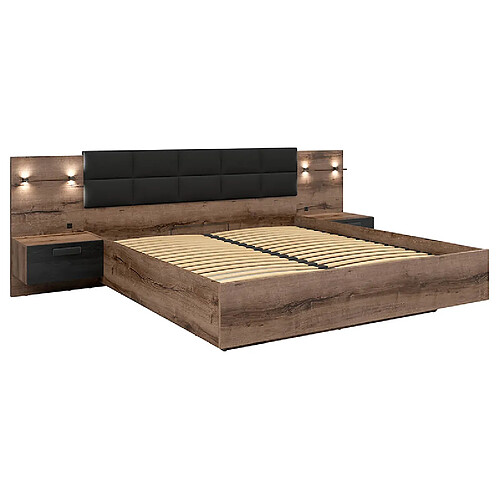 Pegane Lit coffre 180x200 + 2 tables de chevet avec éclairage LED avec sommier et rangement coloris Chêne marron foncé/Chêne noir - Longueur 206 x Profondeur 185-285 x Hauteur 42-98,5 cm