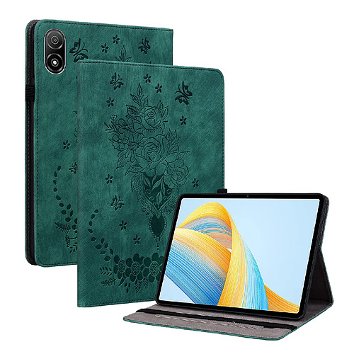 Étui pour tablette Honor Pad V8 Pro , cuir gaufré, motif papillon et rose - Vert
