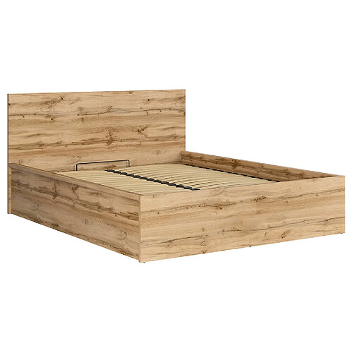 Pegane Lit adule 160x200 Lit coffre 2 place avec sommier et rangement, coloris Chêne wotan - Longueur 204,5 x Profondeur 169 x Hauteur 95/40,5 cm