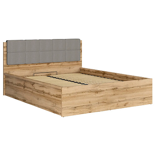 Pegane Lit adule 160x200 avec tête de lit capitonnée gris clair,sommier et rangement, coloris Chêne wotan - Longueur 204,5 x Profondeur 169 x Hauteur 95/40,5 cm