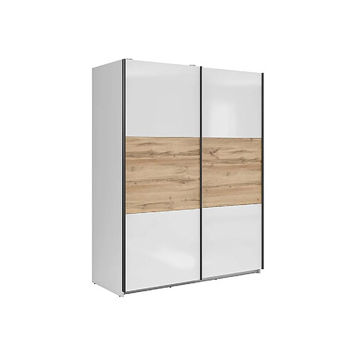 Pegane Armoire 2 portes coulissantes - Blanc et chêne