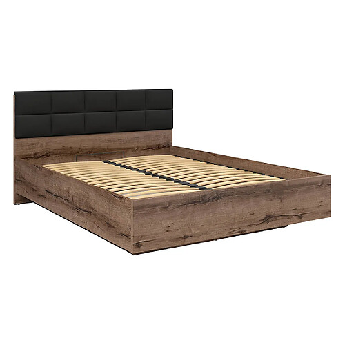 Pegane Lit coffre 180x200 avec tête de lit rembourrée noir, sommier et rangement ,coloris Chêne marron foncé - Longueur 206 x Profondeur 185 x Hauteur 42-98,5 cm