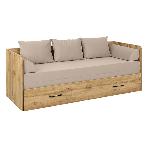 Pegane Lit canapé convertible 80-160x200 cm coloris Chêne wotan avec coffre de rangement, matelas et 3 oreillers Beige - Longueur 200,5 x Profondeur 79/154 x Hauteur 73 cm