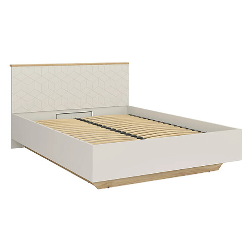 Pegane Lit coffre 160x200 avec sommier et rangement , coloris Chêne mauvella/Beige - Longueur 210,5 x Profondeur 167 x Hauteur 110/42,5 cm