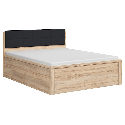 Pegane Lit coffre 160x200 avec sommier coffre et tête de lit capitonnée noir, coloris Blanc brillant - Longueur 204,5 x Profondeur 169 x Hauteur 95/40,5 cm