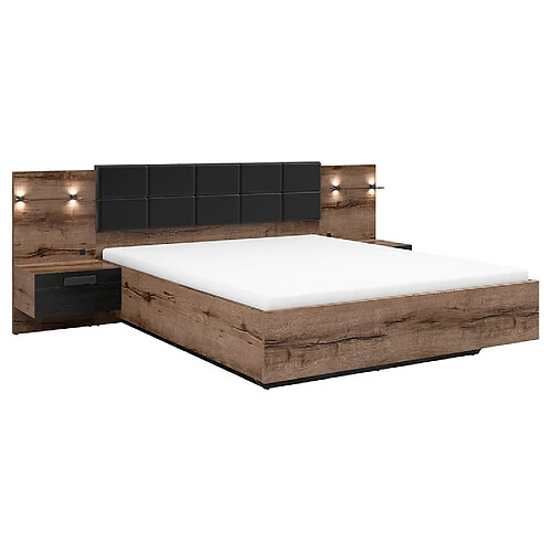 Pegane Lit coffre 160x200 + 2 tables de chevet éclairage LED avec sommier et rangement coloris Chêne marron foncé/Chêne noir - Longueur 206 x Profondeur 165-265 x Hauteur 42-98,5 cm