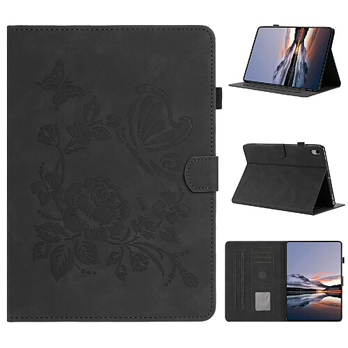 Étui pour tablette en cuir gaufré à motif papillon et fleur pour Samsung Galaxy Tab S11-Noir