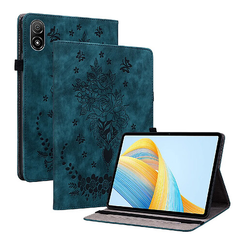 Étui pour tablette Honor Pad V8 Pro , cuir gaufré, motif papillon et rose - Bleu foncé
