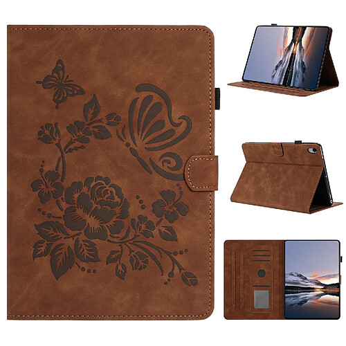 Étui pour tablette en cuir gaufré à motif papillon et fleur pour Samsung Galaxy Tab S11-Marron
