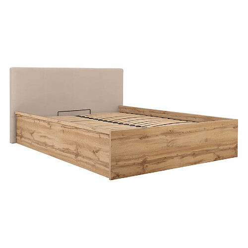Pegane Lit adule 160x200 avec tête de lit capitonnée beige,sommier et rangement, coloris Chêne wotan - Longueur 204,5 x Profondeur 169 x Hauteur 95/40,5 cm