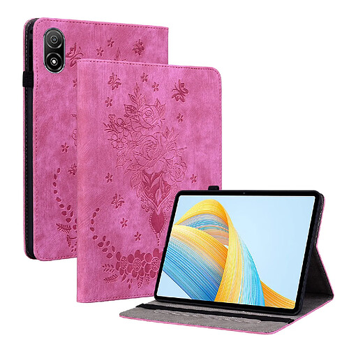 Étui pour tablette Honor Pad V8 Pro , cuir gaufré, motif papillon et rose - Fuchsia