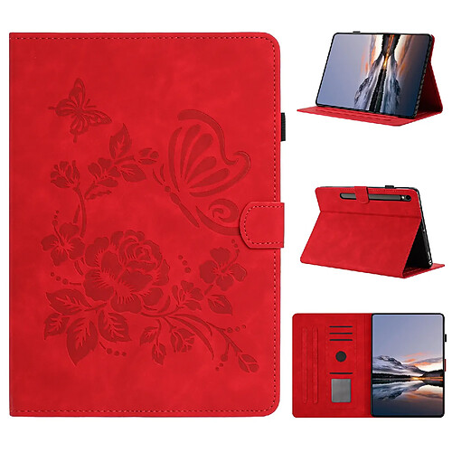 Étui pour tablette en cuir gaufré à motif papillon et fleur pour Samsung Galaxy Tab S10 Lite-Rouge