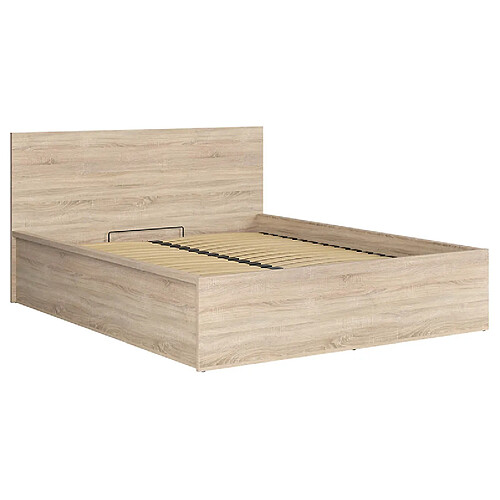 Pegane Lit adule 160x200 Lit coffre 2 place avec sommier et rangement, coloris chêne Sonoma - Longueur 204,5 x Profondeur 169 x Hauteur 95/40,5 cm