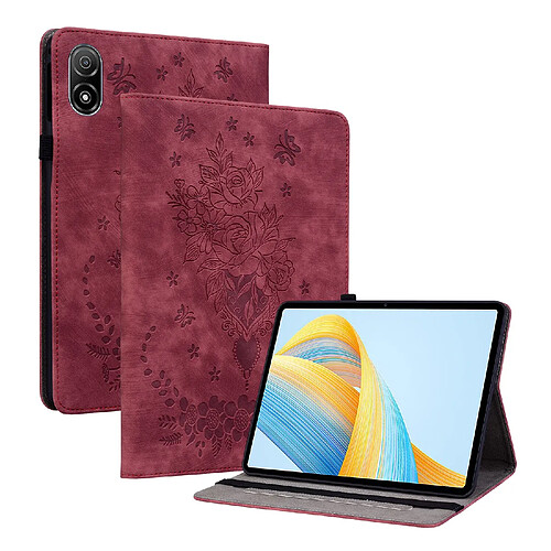 Étui pour tablette Honor Pad V8 Pro , cuir gaufré, motif papillon et rose -Rouge