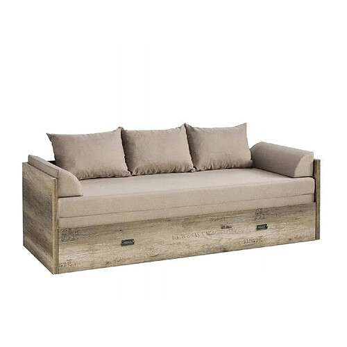 Pegane Lit Canapé pliant 80-160x200 coloris Chêne motif écriture avec matelas et 3 oreillers beiges - Longueur 202,5 x Largeur 79-154 x Profondeur 60,5 cm