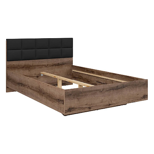 Pegane Lit double 140x200 avec tête de lit rembourrée noir ,coloris Chêne marron foncé - Longueur 206 x Profondeur 145 x Hauteur 42-98,5 cm