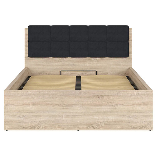 Pegane Lit adule 140x200 avec tête de lit capitonnée noir,sommier et rangement, coloris chêne Sonoma - Longueur 204,5 x Profondeur 149 x Hauteur 95/40,5 cm