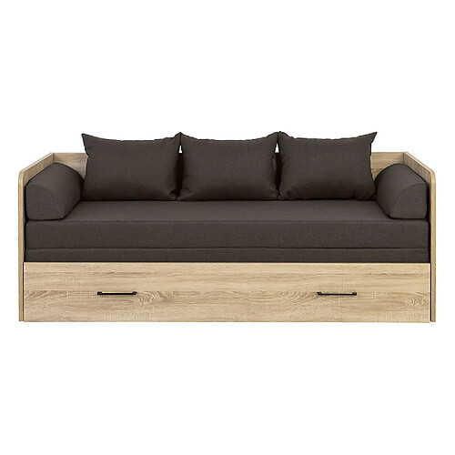 Pegane Lit canapé convertible 80-160x200 cm coloris Chêne sonoma avec coffre de rangement, matelas et 3 oreillers noir - Longueur 200,5 x Profondeur 79/154 x Hauteur 73 cm