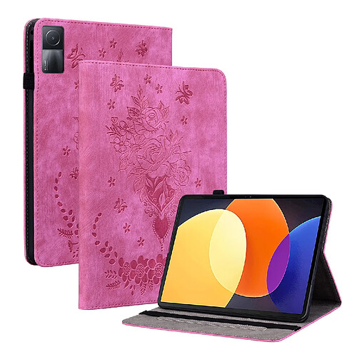 Étui pour tablette Xiaomi Redmi Pad 10.61" , cuir gaufré, motif papillon et rose - Fuchsia