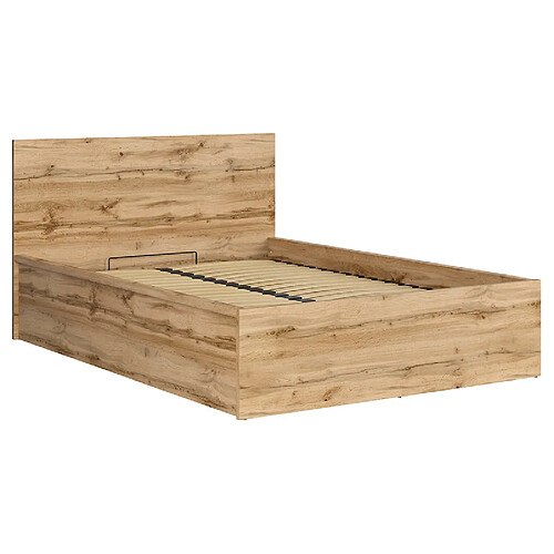 Pegane Lit adule 140x200 Lit coffre 2 place avec sommier et rangement, coloris Chêne wotan - Longueur 204,5 x Profondeur 149 x Hauteur 95/40,5 cm