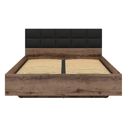 Pegane Lit coffre 160x200 avec tête de lit rembourrée noir, sommier et rangement ,coloris Chêne marron foncé - Longueur 206 x Profondeur 165 x Hauteur 42-98,5 cm