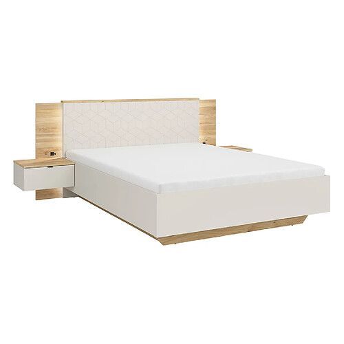 Pegane Lit coffre 160x200 avec 2 chevets à LED+USB , coloris Chêne mauvella/Beige