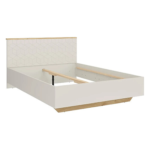 Pegane Lit double 160x200 avec 2 chevets à LED+USB , coloris Chêne mauvella/Beige - Longueur 310,5 x Profondeur 167 x Hauteur 110/42,5 cm