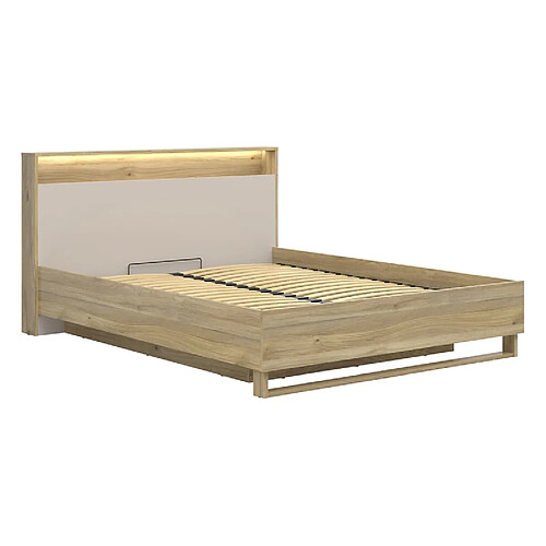 Pegane Lit coffre 160x200cm + LED avec sommier et rangement ,coloris Chêne mauvella/Beige - Longueur 218 x Profondeur 168 x Hauteur 100 cm