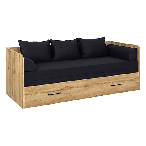 Pegane Lit canapé convertible 80-160x200 cm coloris Chêne wotan avec coffre de rangement, matelas et 3 oreillers noir - Longueur 200,5 x Profondeur 79/154 x Hauteur 73 cm