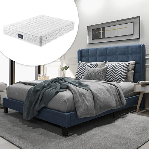modfu Lit adulte 140x200 cm avec tête de lit, en lin, bleu