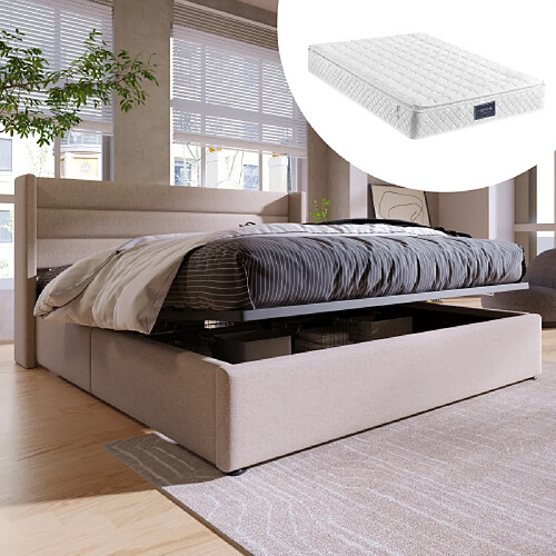modfu Lit coffre 160x200 cm avec sommier à lattes, en lin, beige