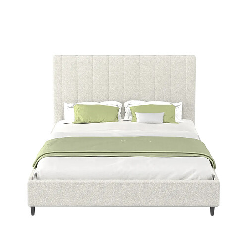 Concept Usine Lit bouclette 160x200cm beige avec tête de lit et sommier CAMBRIDGE