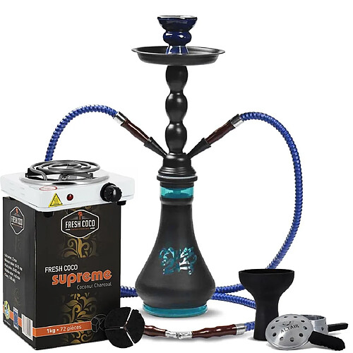 Pack Chicha Midnight Blue avec Charbon, Plaque de chauffe et Foyer silicone