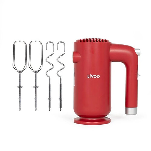 LIVOO Mixeur Batteur Rouge 250W — 5 vitesses + Turbo, 2 fouets & 2 pétrisseurs