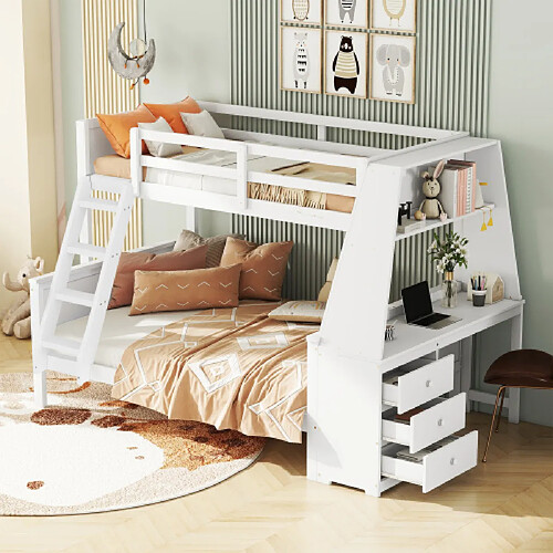 modfu Lit superposé 90x200 cm et 140x200 cm, avec bureau et rangements, en bois, blanc