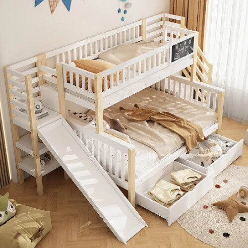 modfu Lit superposé enfant 90x200 et 140x200 cm, avec escalier rangement, en bois, blanc