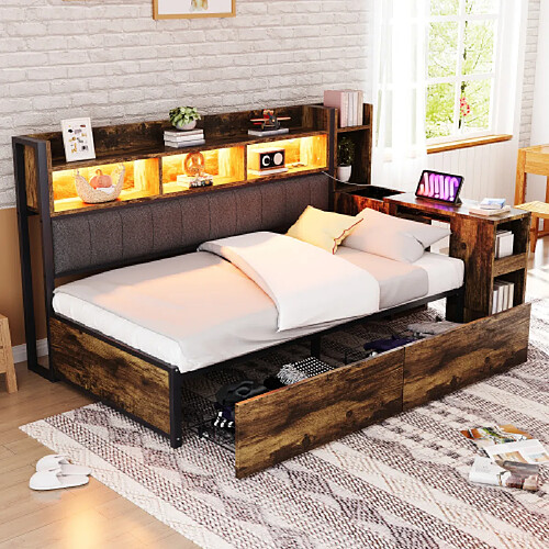 modfu Lit adulte 90x200 cm, avec rangements et tiroirs, en métal, bois naturel