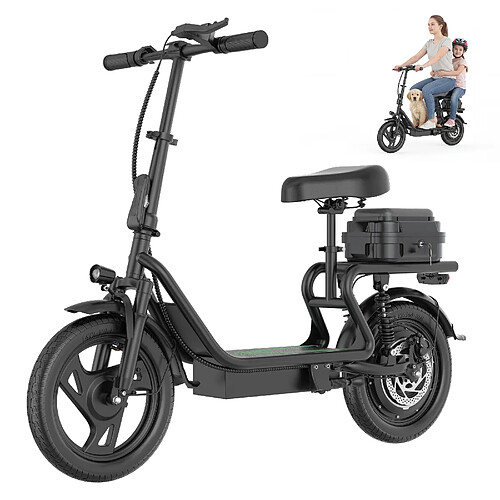 AOVOPRO Trottinette électrique Avec Siège et Boîte de Rangement 14 pouces- 500W - 10.4Ah - Noir