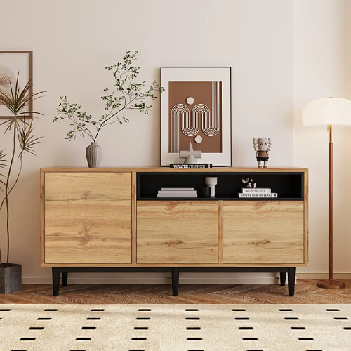 Merax Buffet En Bois Avec Trois Portes Et Étagères-conception Peu Encombrante-naturel