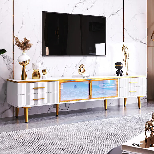 modfu Meuble TV blanc 170x37x47,5 cm, 2 portes en verre, 4 tiroirs, avec LED
