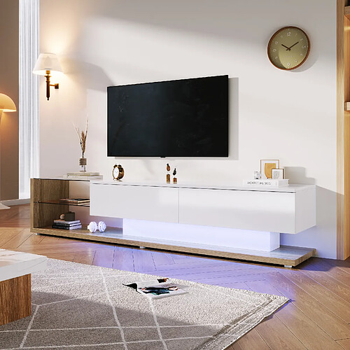modfu Meuble TV blanc brillant et couleur bois 170x36x38 cm, 2 étagères en verre, avec LED