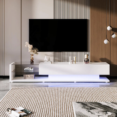 modfu Meuble TV blanche brillante 170x36x38 cm, 2 étagères en verre, avec LED